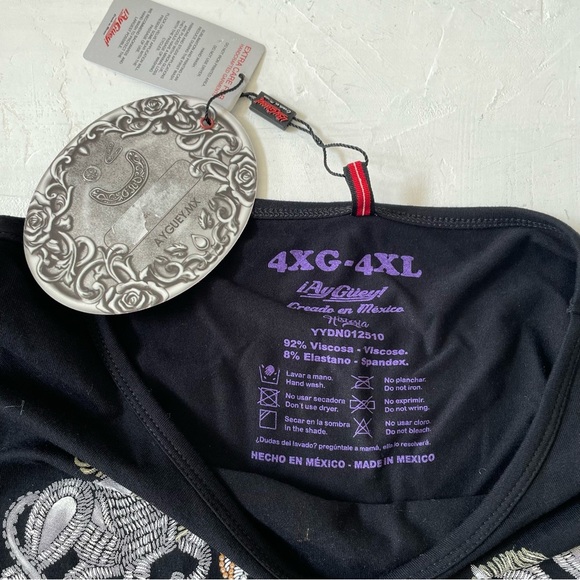 Ay Guey Historia Beaded Mexico Woman Graphic Asymmetric Hem TShirt 4XL RARE NWT - Picture 3 of 8
